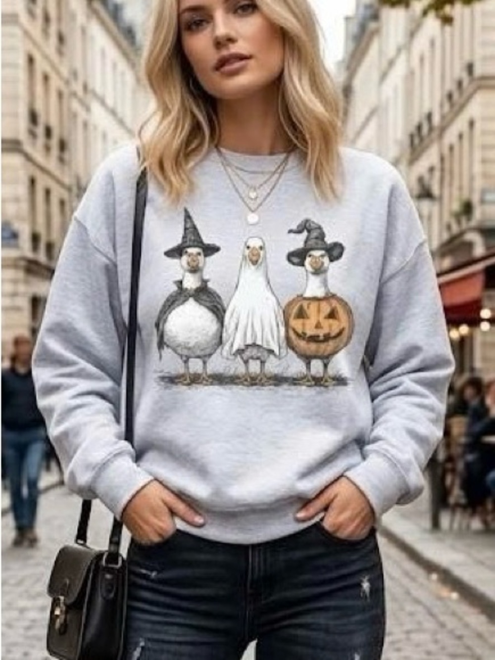 Spooky Cute Ducks Halloween Sweatshirt Ghost Pumpkin Witch Gray Crewneck